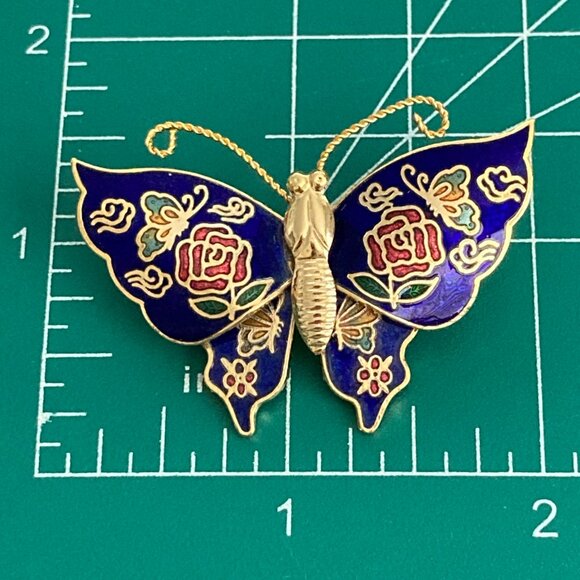 Vintage Cloisonne Butterfly Brooch Pin Flowers Blue Enamel Gold Plated Taiwan - Picture 12 of 12